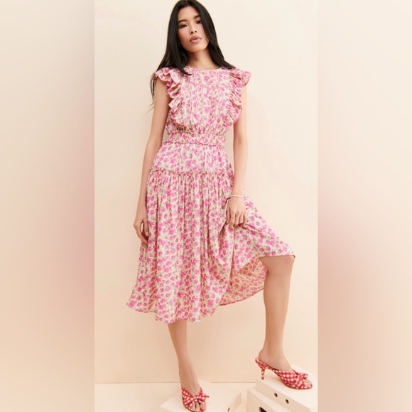 Moon River Dresses & Skirts - Moon River Ruffle Floral Midi Dress – Pink (Size Large)